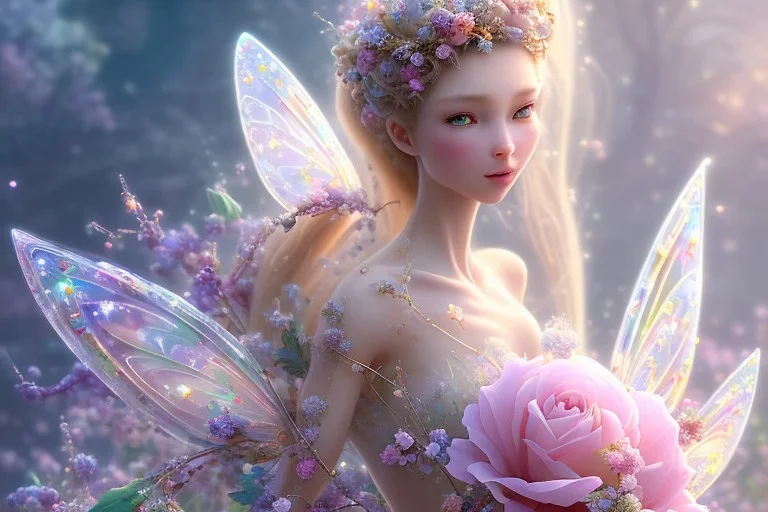 one very little beautiful fairy on a big crystal subtle flower in a galactic ambiance, transparent petals, delicate colors, in the foreground, full of details, smooth, bright sunshine，soft light atmosphere, light effect，vaporwave colorful, concept art, smooth, extremely sharp detail, finely tuned detail, ultra high definition, 8 k, unreal engine 5, ultra sharp focus