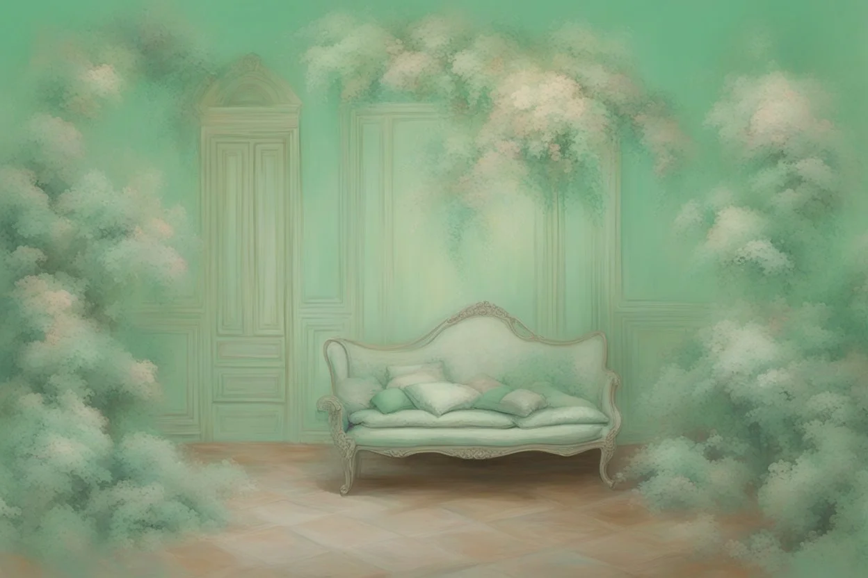 The painting depicts an enchanting world filled with vibrant mint green and exquisite fragrance.