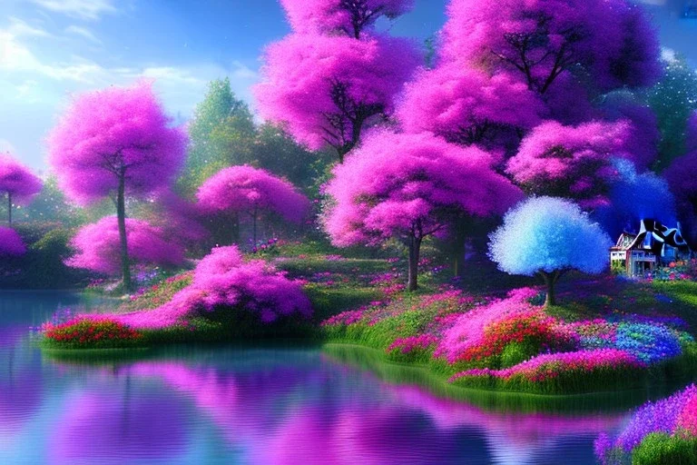 monde en fleurs, blue lake, flower tree-houses, concept art, crépuscule , fuksia bleu oranger, vibrant Color, réaliste, riviere bleu, tree-house bougainvillier, roses