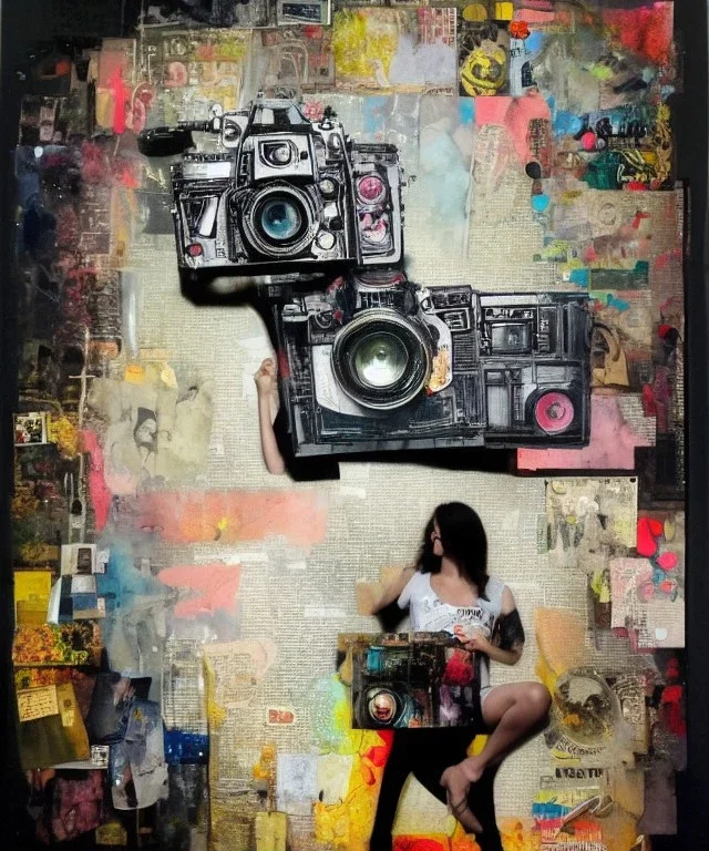 happy beautiful girl holding big proffesional camera in studio. street art, oil on canvas, spray paint, collage, letters, newspapeers, Dave McKean, Vladimir Fedotko, Saturno Butto, Vaughn Bodé, Frank Wu, James C. Christensen, collage, dirty, paint dripping, radiant