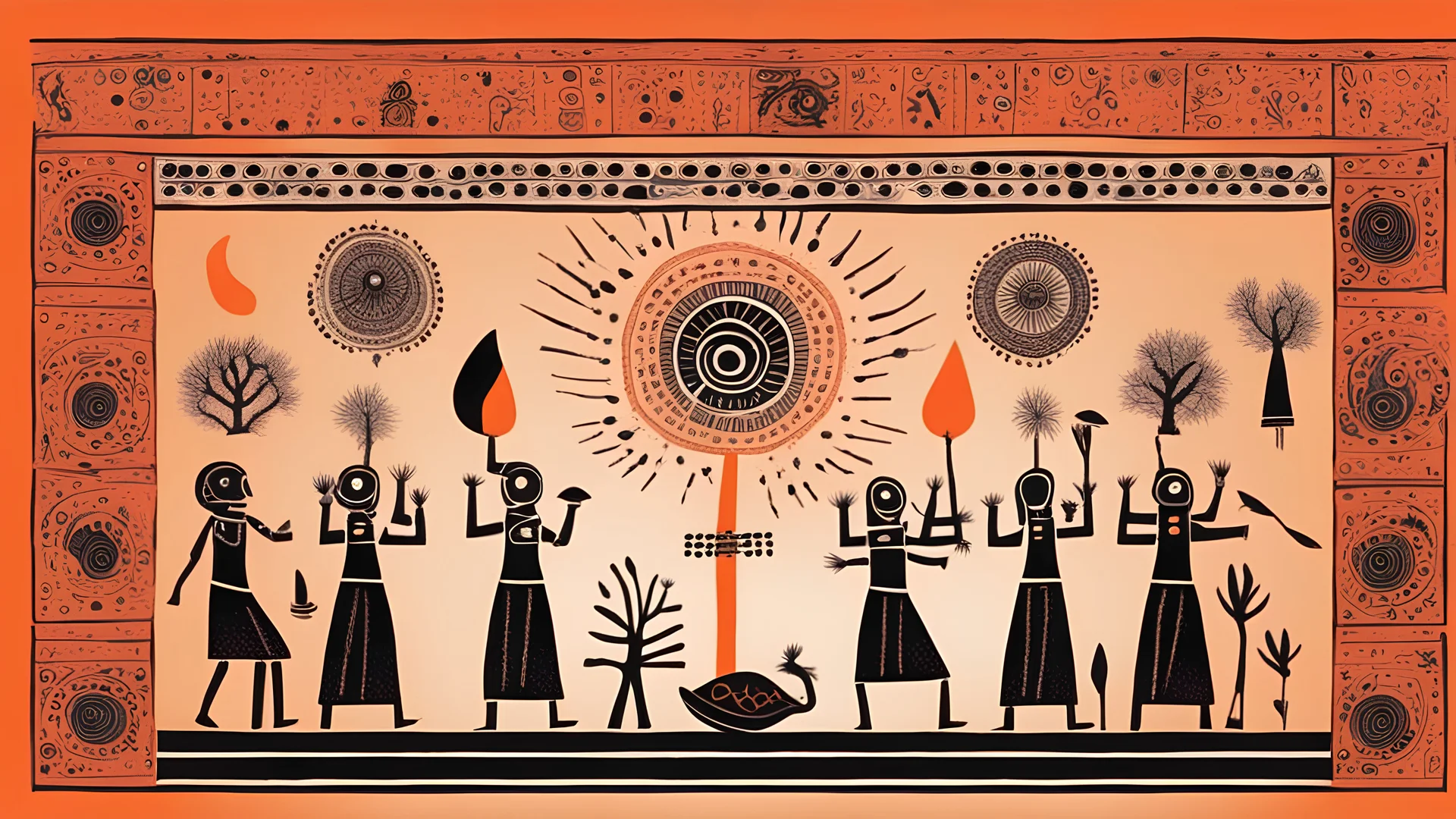 prehistoric religious ritual with Psilocybin in style of Warli painting orange, red to black