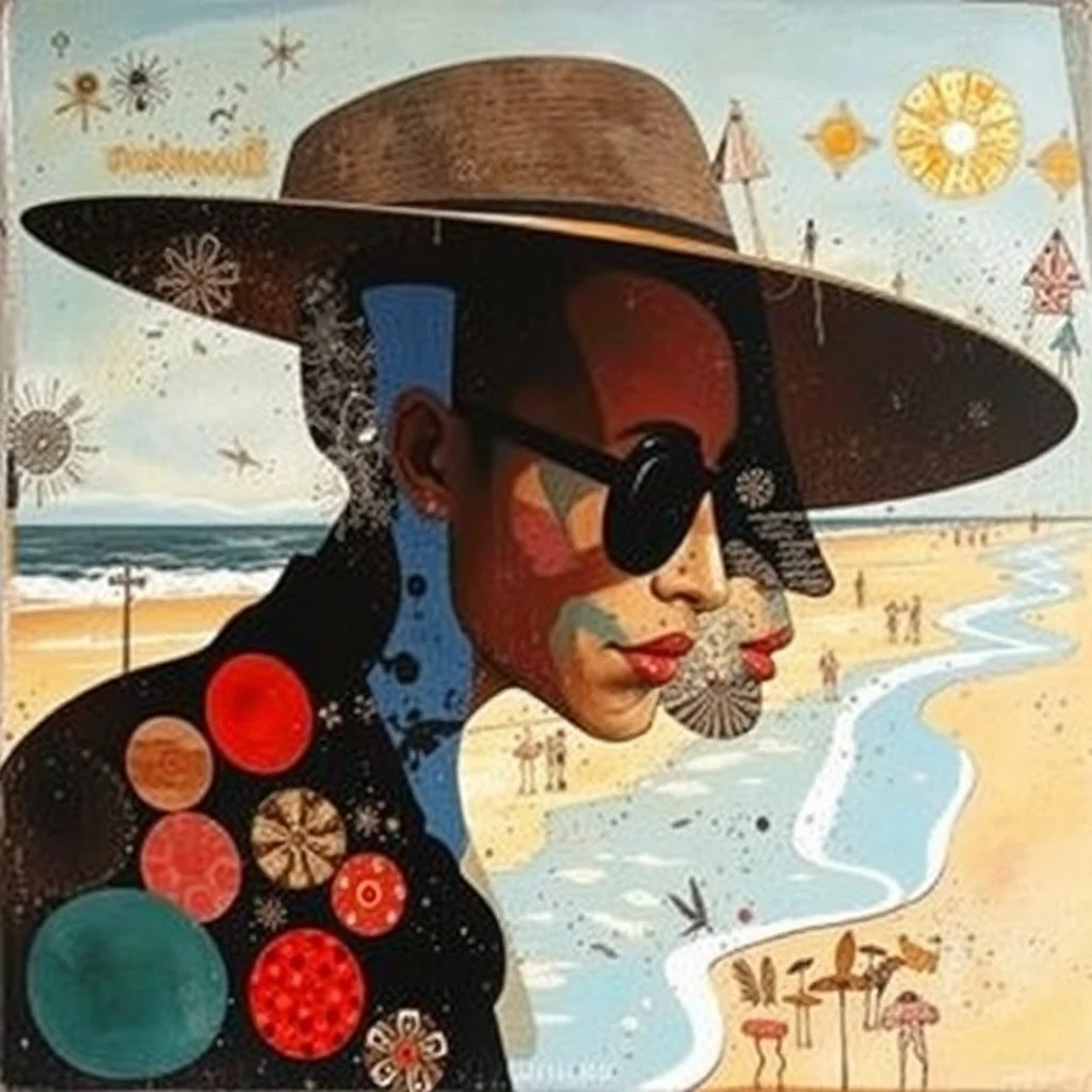 Eclectic Surrealist Fusion, acrylics, beach, double exposure, Tanguy, Miró, stylish