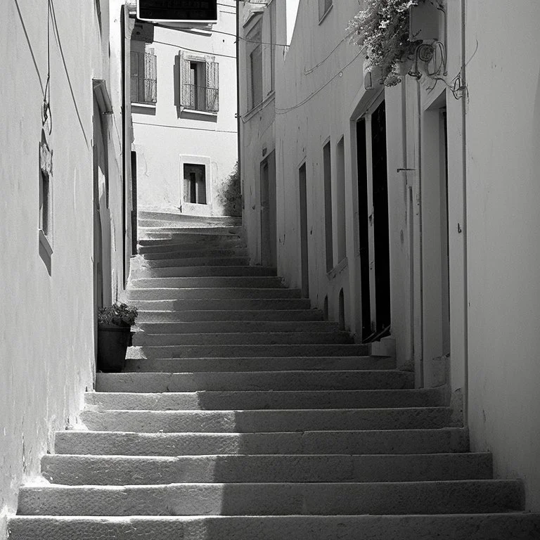 Street of a town on an Italian island in summer, with stairs and arches, decadent tone, real photography, photography taken with a Leica camera and 50 mm lens, following the style of the 'Ripley' series, black and white photography, toned 50s tones