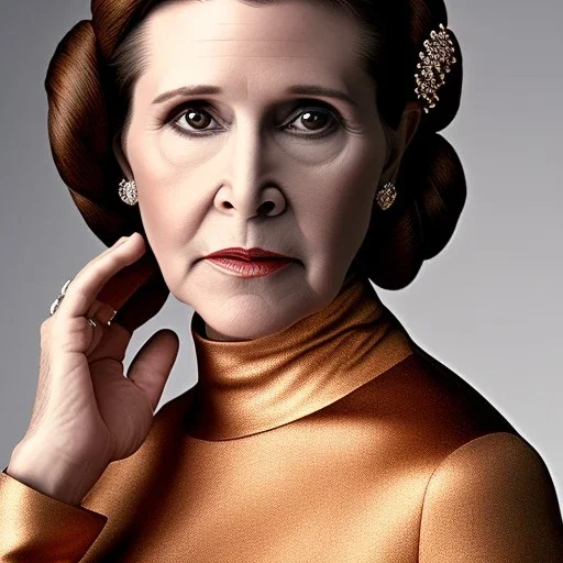 half-length color photo shoot, three-quarter face pose of carrie fisher as Princess Leia with realistic fine and very simple short hair, entrancing deep brown eyes, Intricate, High Detail, Sharp focus, realism, beautiful and detailed lighting, Nikon D850, ef 85mm 5.6 by Annie Leibovitz