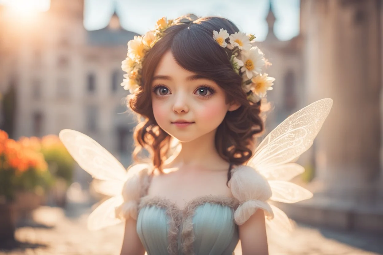 cute chibi brunette fairy, flowers, in Pisa, Italy in sunshine, ethereal, cinematic postprocessing, dof, bokeh