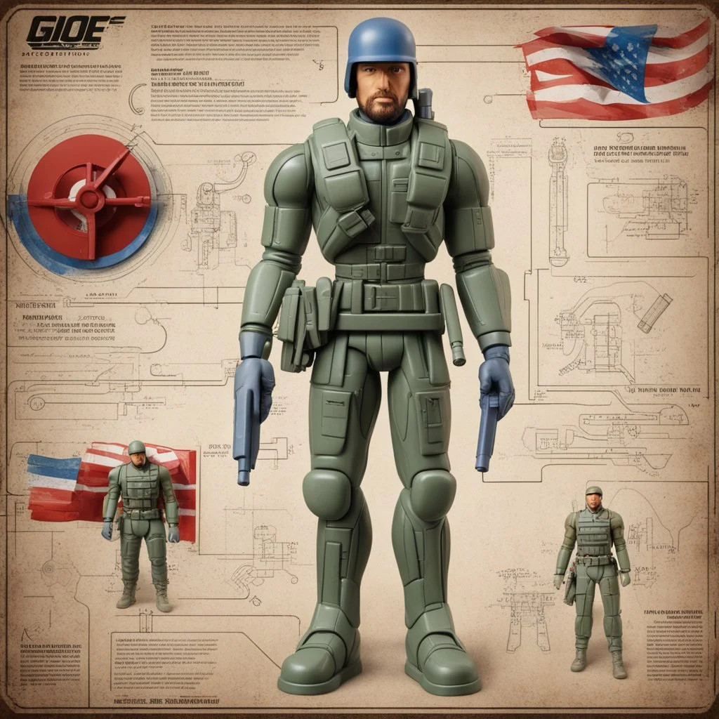 Plastic action figure of G.I. Joe technical schematic, pivot joint, rotational arrows, by Da Vinci, infographic illustration, colorful, american flag background textures