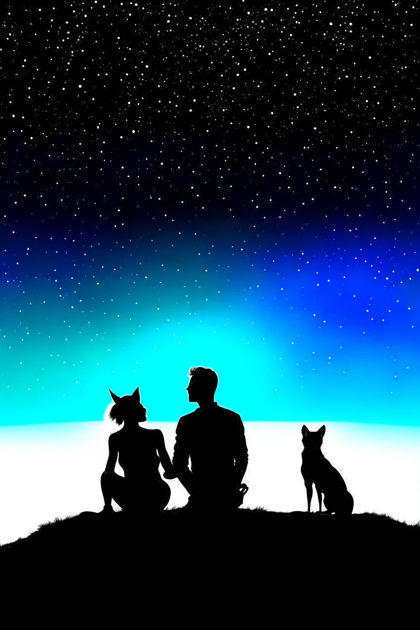 black background on a mountaintop and three silhouettes of a fit man, a silhouette of a fit woman, and silhouette of a Belgian malinois sitting next to the men and the woman looking at the stars