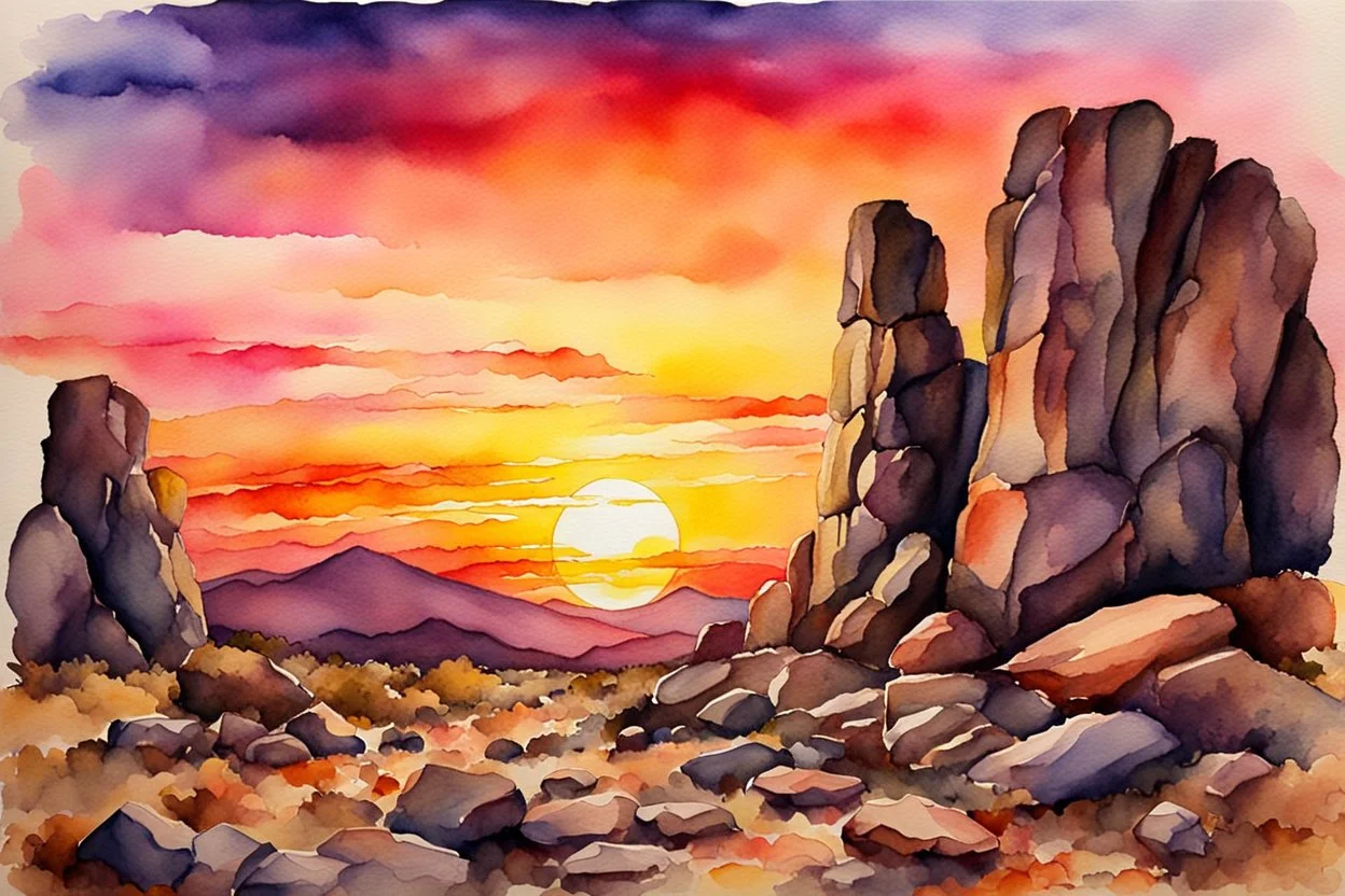 Sunset, rocks, mountains, rocky land, epic, watercolor paintings