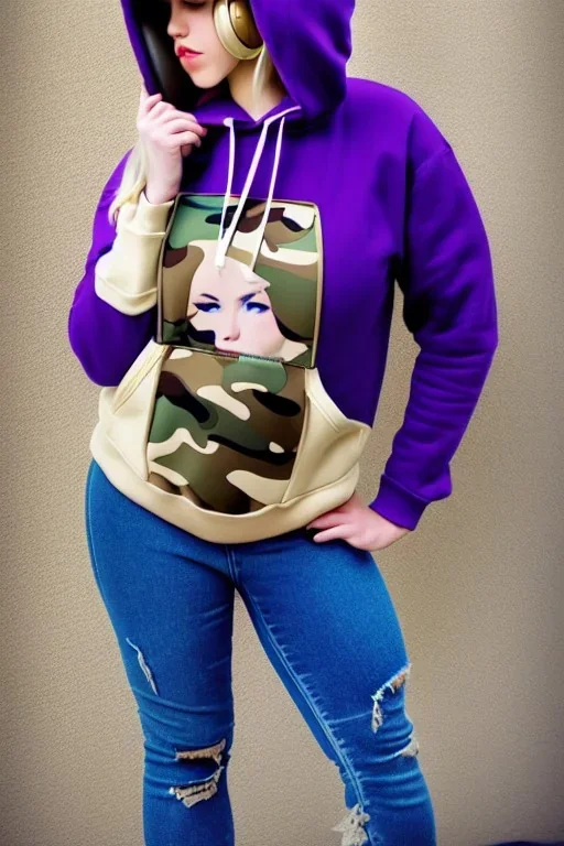 blonde taking selfie.thick thighs,thick calves,flat belly,curvy fell. NOVEL kind of hoodie, form which condescends with integrated bag[SIC]. It is sewed together of camouflage pieces, whose color are all denim colors,cream, brown and purple. Big colored headphones (gold rings!) is merged with small felt cap with small visor. Big bright purple felt tippet and birght-colored-hood is merged with colorful beanie. Inside is orange. Style: 1990's Finland