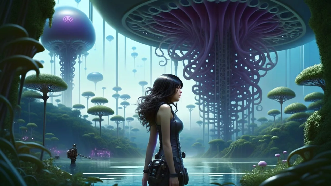 Detailed matte painting of a wide-angle shot of a woman, standing on the left side of the shot, with dark hair in a silver robotic catsuit, many large floating jellyfish with octopus tentacles, alien jungle trees in the distance, with an alien beach and lake