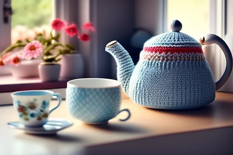 knitted teapot with china cup in a modern kitchen isn sunshine