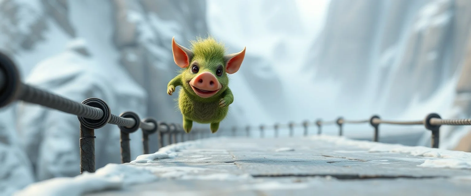 fast and clever cute little evil moss pig named yutt on wild run through air, on icy bridge, motion blur, standing by the guard rails, fantasy 3d realm