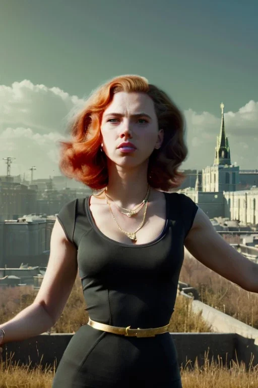 retro portrait image from 1960, Moscow background, wind, long red hair, fighting stance, sweet young Scarlett Johansson, black dress, classic tight lycra black suit, weapon, gold bracelet and belt, high heel boots, soft color, highly detailed, unreal engine 5, ray tracing, RTX, lumen lighting, ultra detail, volumetric lighting, 3d, finely drawn, high definition, high resolution.