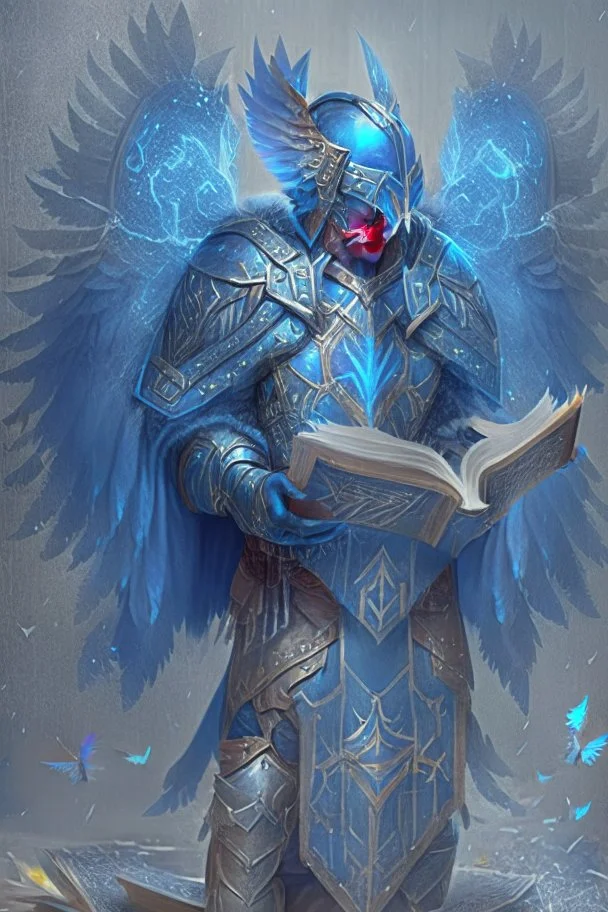 a person in runic armor with blue wings and spell book