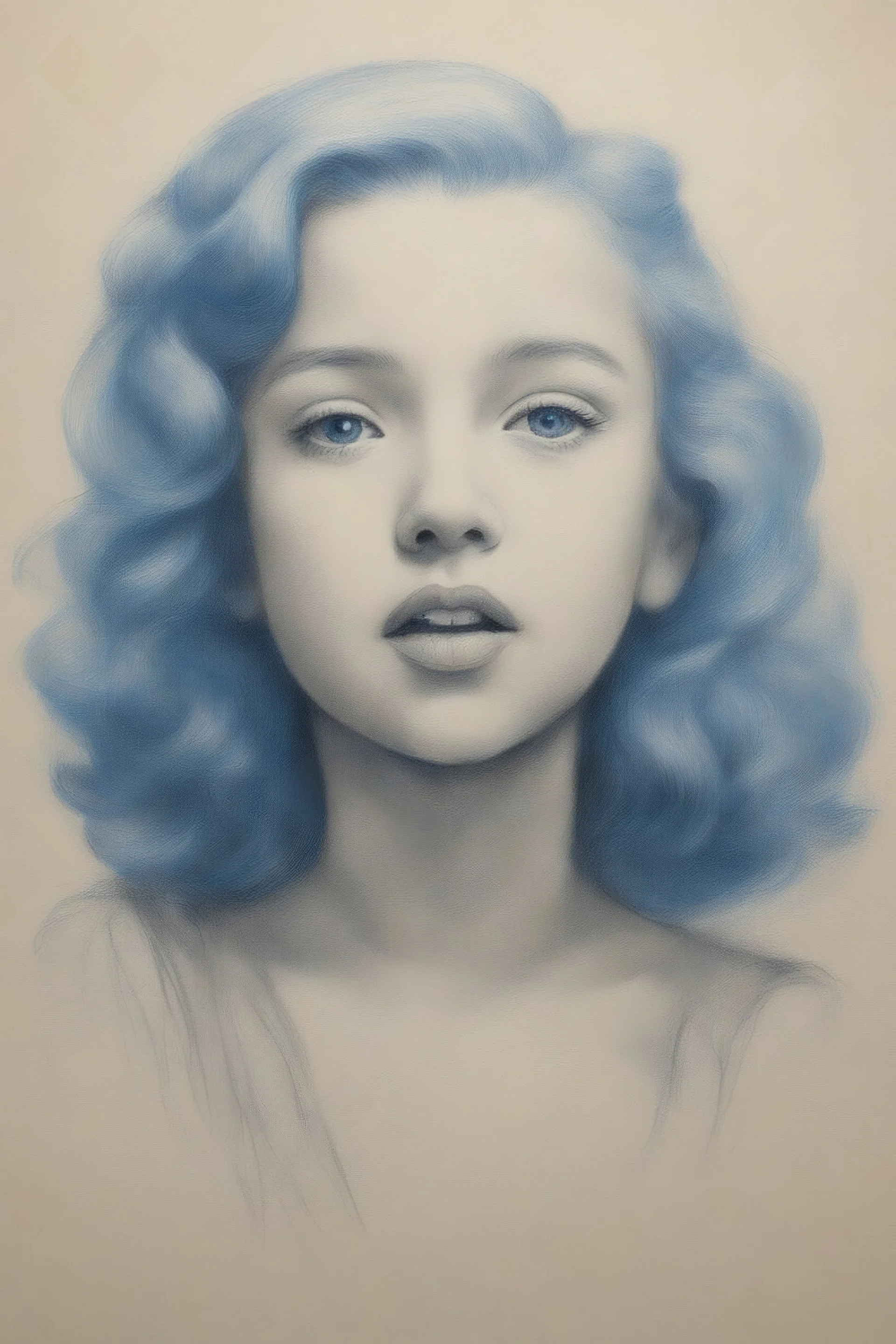 A little girl like marilyn monroe, with long blue hair, charcoal sketch on toned paper