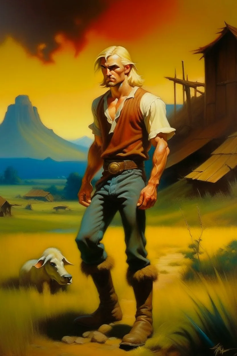 1970's dark fantasy cover dnd style oil painting of a hobo skinny medieval farmer blond man with sport outfits working at the docs with minimalist far perspective. Magazine.