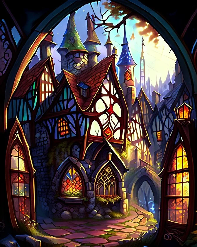 medieval dwarf town with stained glass window buildings fairytale rpg art