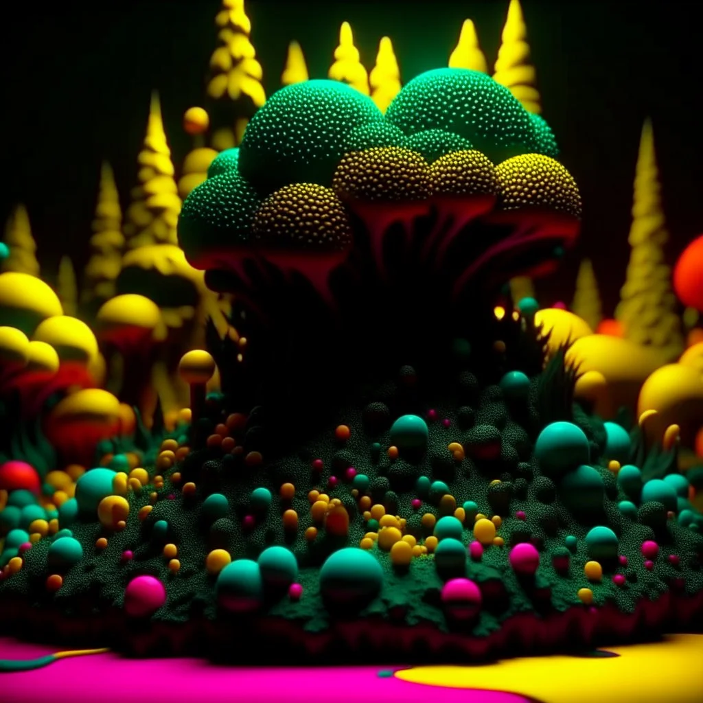 Irregular black spots, 8k, 3d render, melting horror, tridimensional figures, intricate patterns, sinister scribbles, trees, colors, shot on Hasselblad