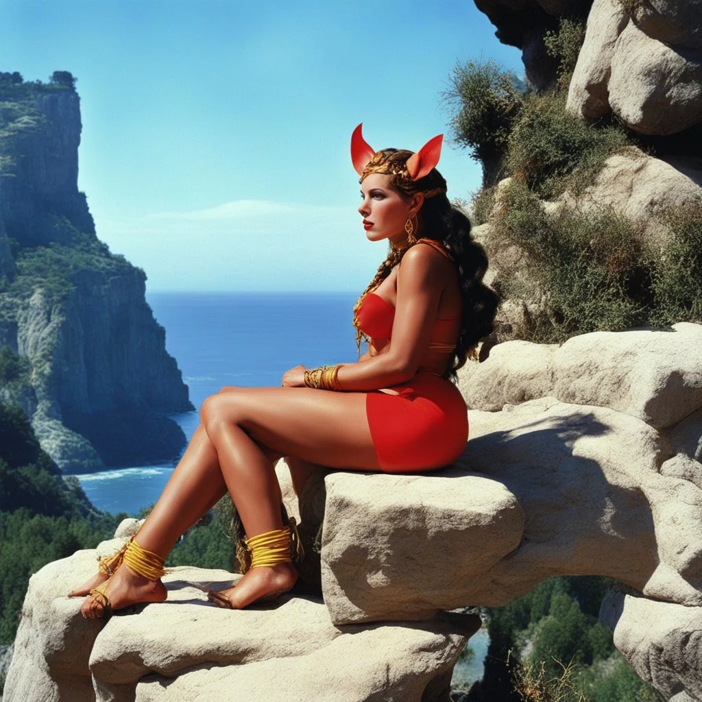 [picture by Russ Meyer] Circe the awesome nymph of the Odyssey with lovely braids on the cliffhanger, watching the horizon, she as one if her minion pig on her feet