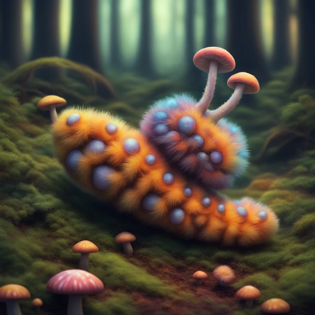 Fuzzy cute psychedelic caterpillar sitting on a forest floor mushroom, hyper realistic. psychedelic, baroque, photorealistic