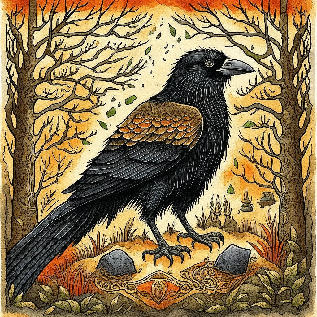 European pagan rune art with nature and ravens