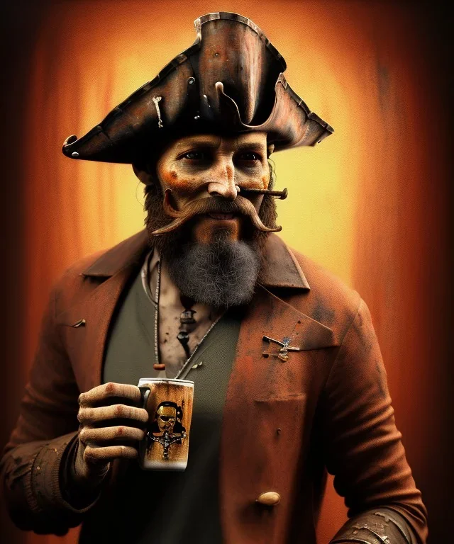 an abstract painting of rusted wood, pirate style, 8K, a Highly detailed stunning full frame portrait of a man with mug of beer in the Hand, wide-angle view, a realistic face, volumetric lighting, volumetric clouds