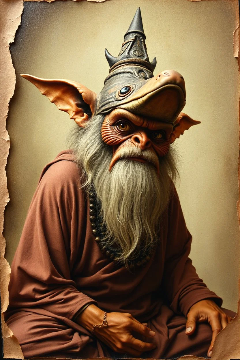 pin hole cam, master oil painting by Rembrandt,ohm ri shi lahkshmi super guru with lots followers looking like a salmon dog orc troll gremlin yoga guru, brown paper with rolled up burnt edges