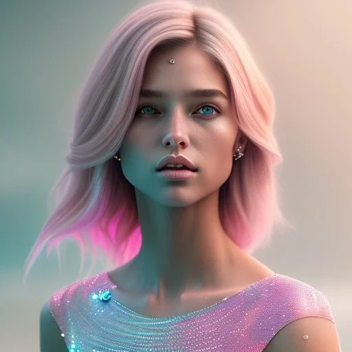 A portrait of a crystalised girl,sexy, smiling, longsand blonds hairs, atmospheric, realistic,, cinematic lighting, octane render,, pink turquoise light