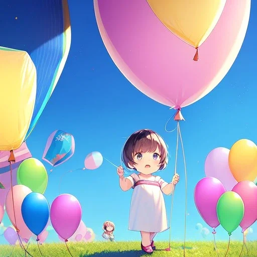 alone young anime child letting go of a balloon, looking up into the sky at the balloon