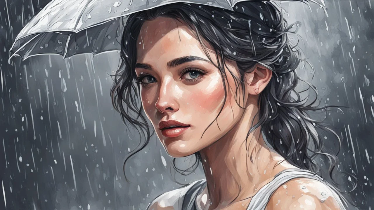 Draw a portrait of a beautiful woman, rain