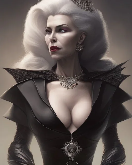 old evil queen in black leather gown, femme fatale, volouptous, busty, cleavage, angry, emperious, 8k resolution concept art portrait by Greg Rutkowski,