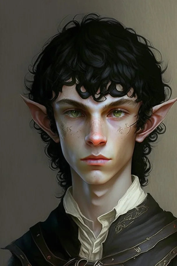 a teen elf, full lenght. he has curly, black hair and sharp cheekbones. His eyes are black. He wears fantasy medieval clothes. he is lean and tall, with pale skin.