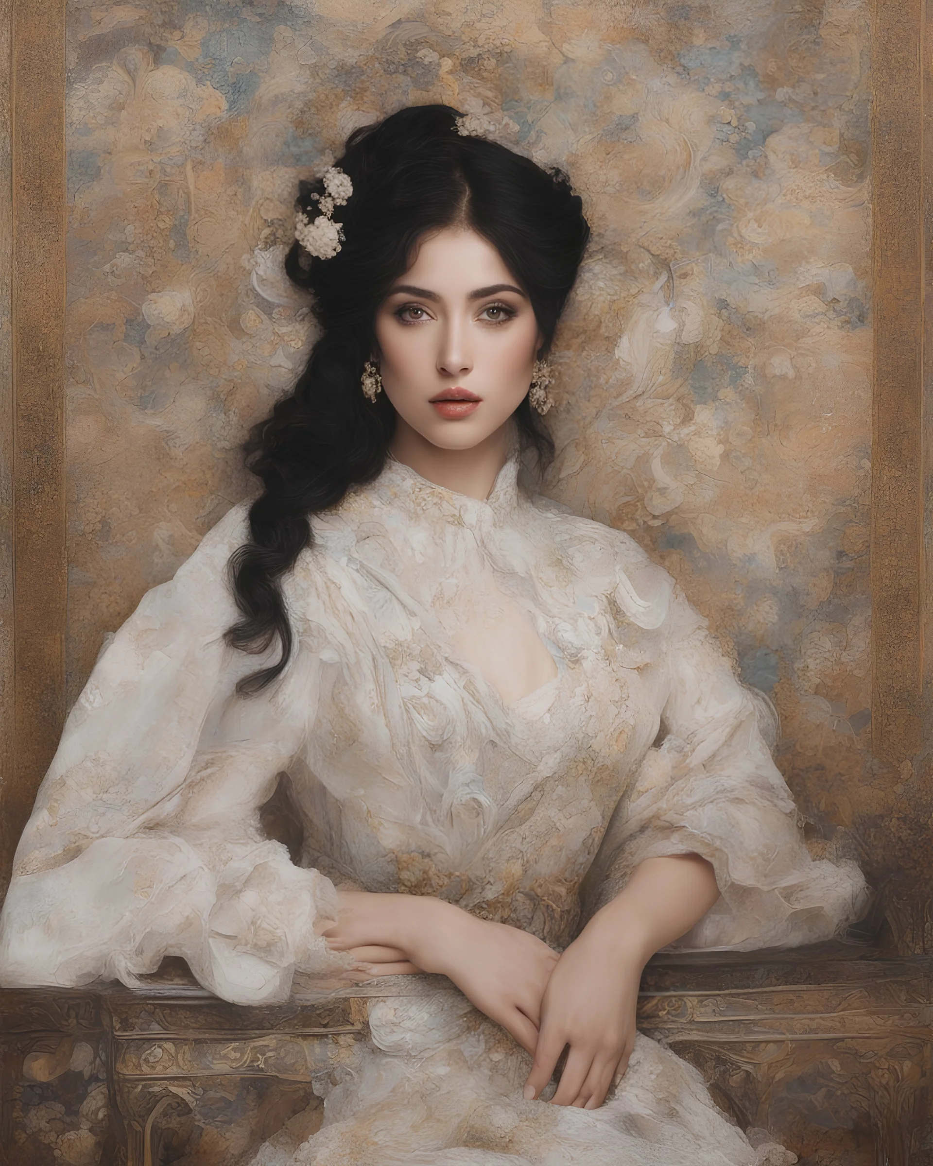 Masterpiece, fine art, award winning, eye candy in the style of gustav klimt , (Suhaila Ben Lachhab::Heidi Moussa:1.5) in breathtaking piece that emphasizes the stunning cheek bones, texturized black hair, (cottagecore aesthetic with extreme sensuality, Irresistible with (porcelain skin, (sitting on an old chair:18),high detail, Conceptual art, Neoclassicism