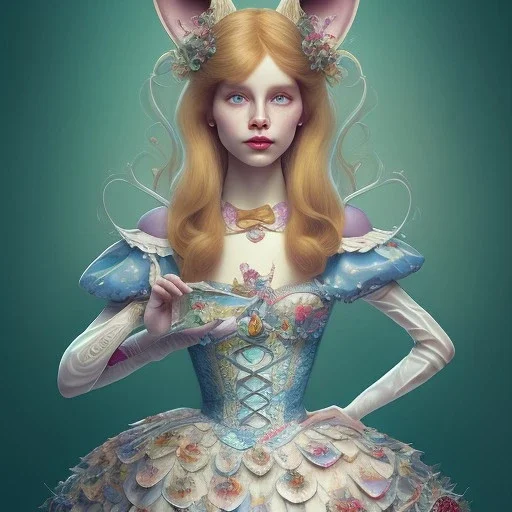 "Alice in the wonderland",dressing Disney style,hairstyle Disney style, detailed eyes, Realistic lighting,elegant,sarcastic smile, by Chie Yoshii,Brian Kesinger,Gediminas Pranckevičius,Kilian Eng