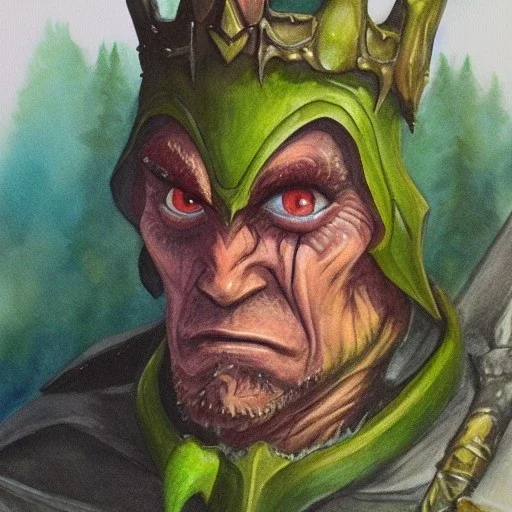 dungeons and dragons, fantasy, goblin, king, green skin, watercolour, large strokes, distinct face, portrait, head, crude crown