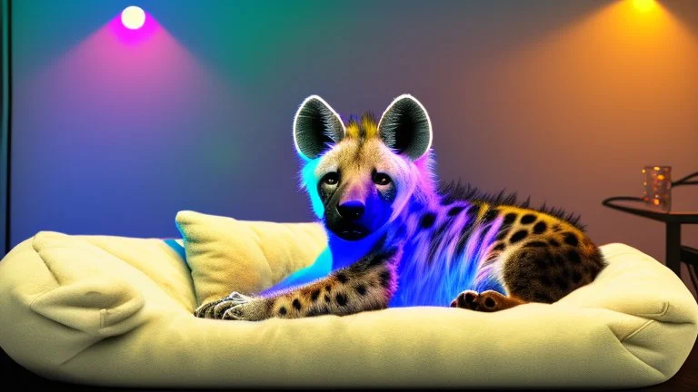 Fluffy Hyena sleeping comfy on a doggy bed, in a colorful and dimly lit gaming PC room, filled with neonlights, night time, atmospheric, detailed.