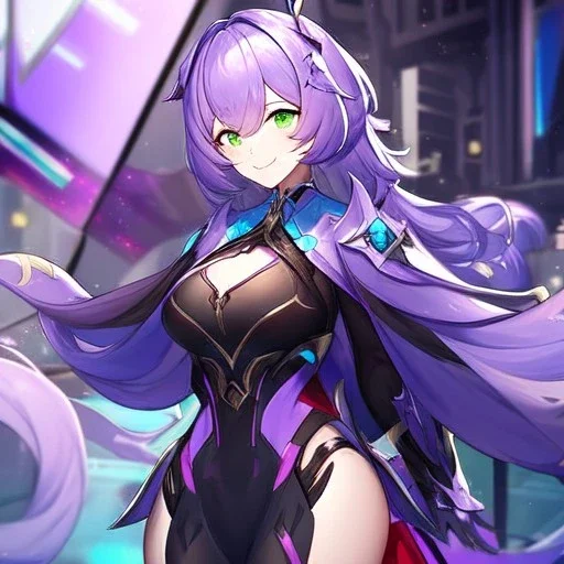 Clear focus,High resolution,High quality, Smiling, Purple long fluffy hair, Green eyes, Wearing a pink mech uniform, Honkai Impact Star Rail