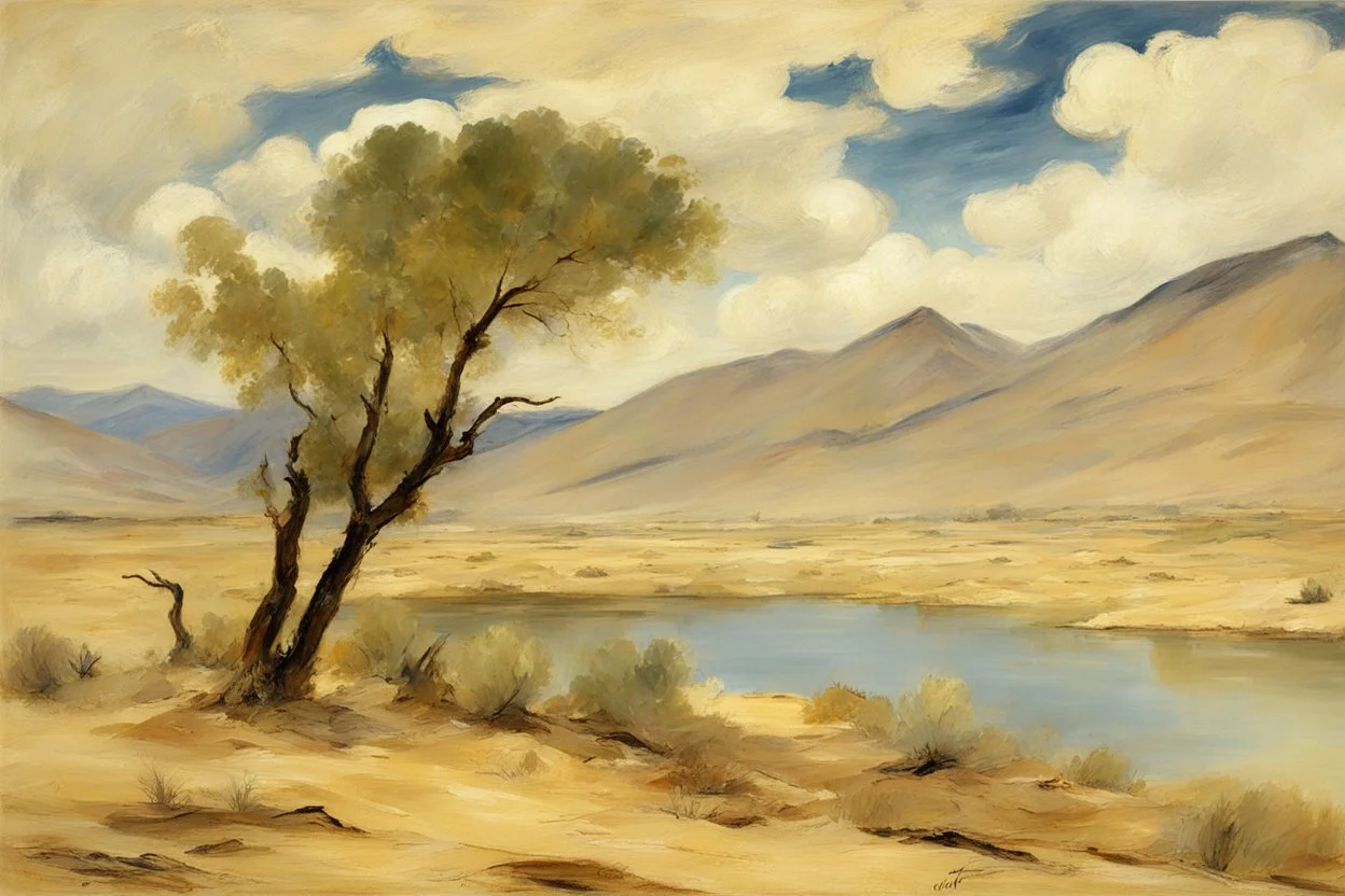 clouds, arid land, distant mountains, dry trees, pond, edouard manet impressionism painting