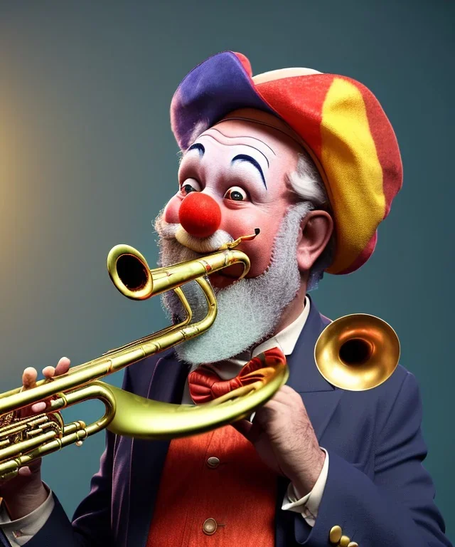 happy and funny old friendly clown with round head and trimmed beard playing jazz with a steampunk theme, trumpet on mouth, carnival, dreamy