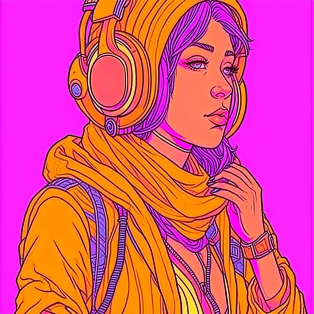 Moebius style scifi girl with headphones solid colors