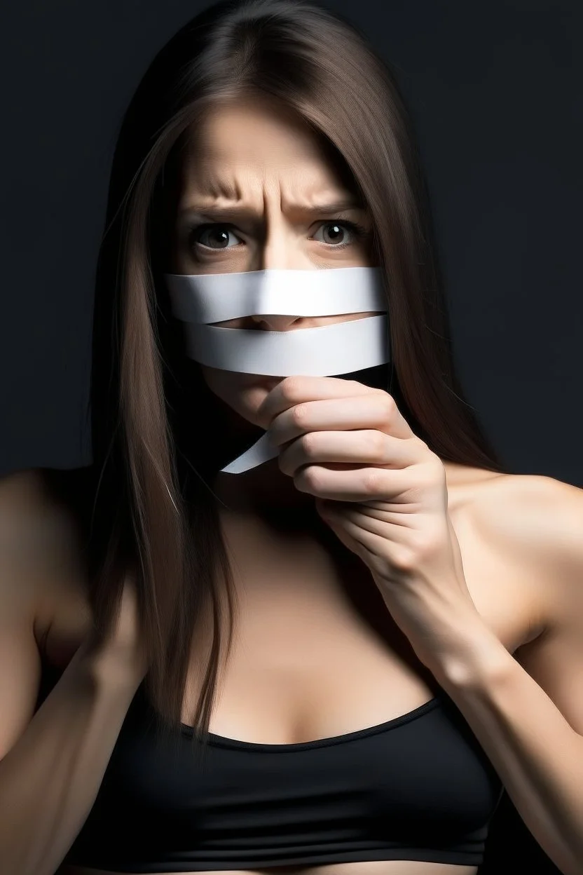 A girl with sculpted abs and tape completely covering her mouth