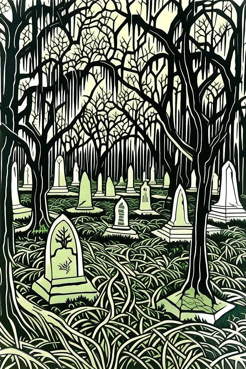 Linocut cemetery with Spanish moss