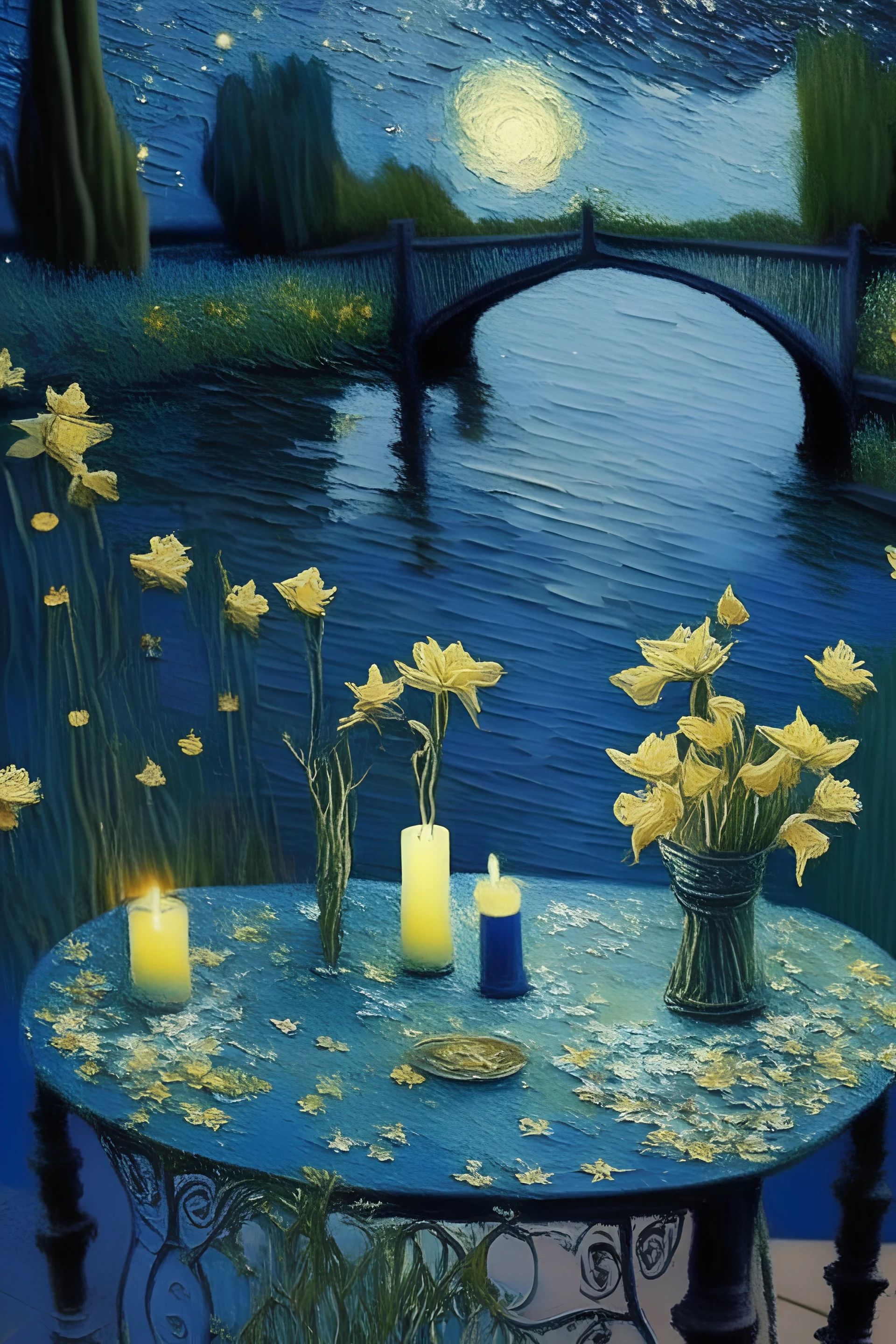 tableau "nuit étoilée" où l'eau devant est un lac avec des nénuphar et un pont comme dans le jardin de monet