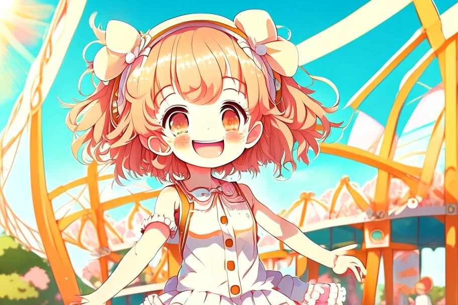 contented cute chibi girl in the amusement park in sunshine