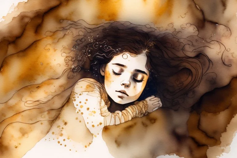 A hand holding a small girl with long curly brown hair sleeping in watercolor and ink, golden patina, glitters in ochre, backlit, mist and fog