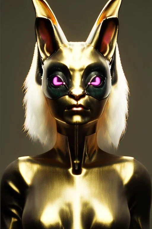 Medium Close Up Portrait, Front image. cyberpunk, rabbit mask, asian woman, gold hair. Latex suit. white, pink, color. Sexy style. Color background, photo studio. Avatar image, highly detailed, concept art, smooth, unreal engine 5, ray tracing, RTX, lumen lighting, ultra detail, volumetric lighting, 3d, finely drawn, high definition, high resolution.