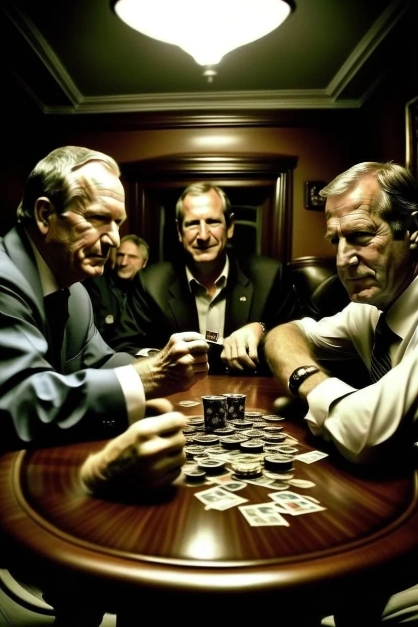 George Bush jr and some friends smoking and playing cards, davinci. Surreal. Agony face, smile, pain scream. Fish eye lense camera. Perfect composition.