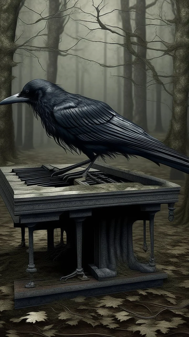 black vein, human veins, mixing together a lot of them, like a forest, big and small veins a lot of them, a crow standing on piano