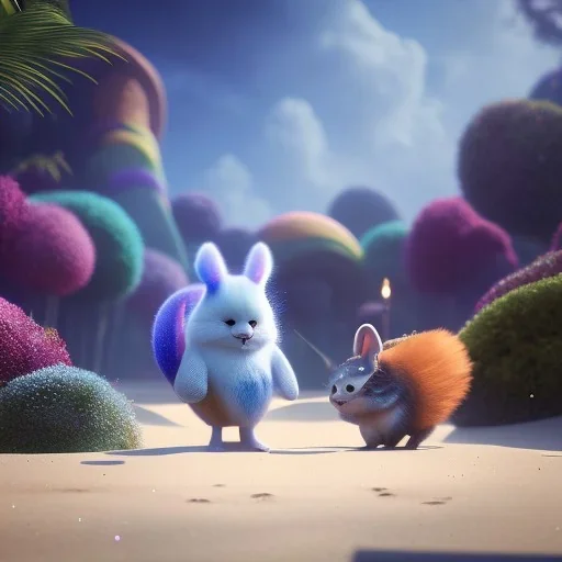 tiny cute fluffly fantasy creatures on a tropical beach, rainbow fuzz, adorable, unreal engine, octane render, bokeh, vray, houdini render, quixel megascans, arnold render, 8k uhd, raytracing, cgi, lumen reflections, cgsociety, ultra realistic, 100mm, film photography, dslr, cinema4d, studio quality, film grain