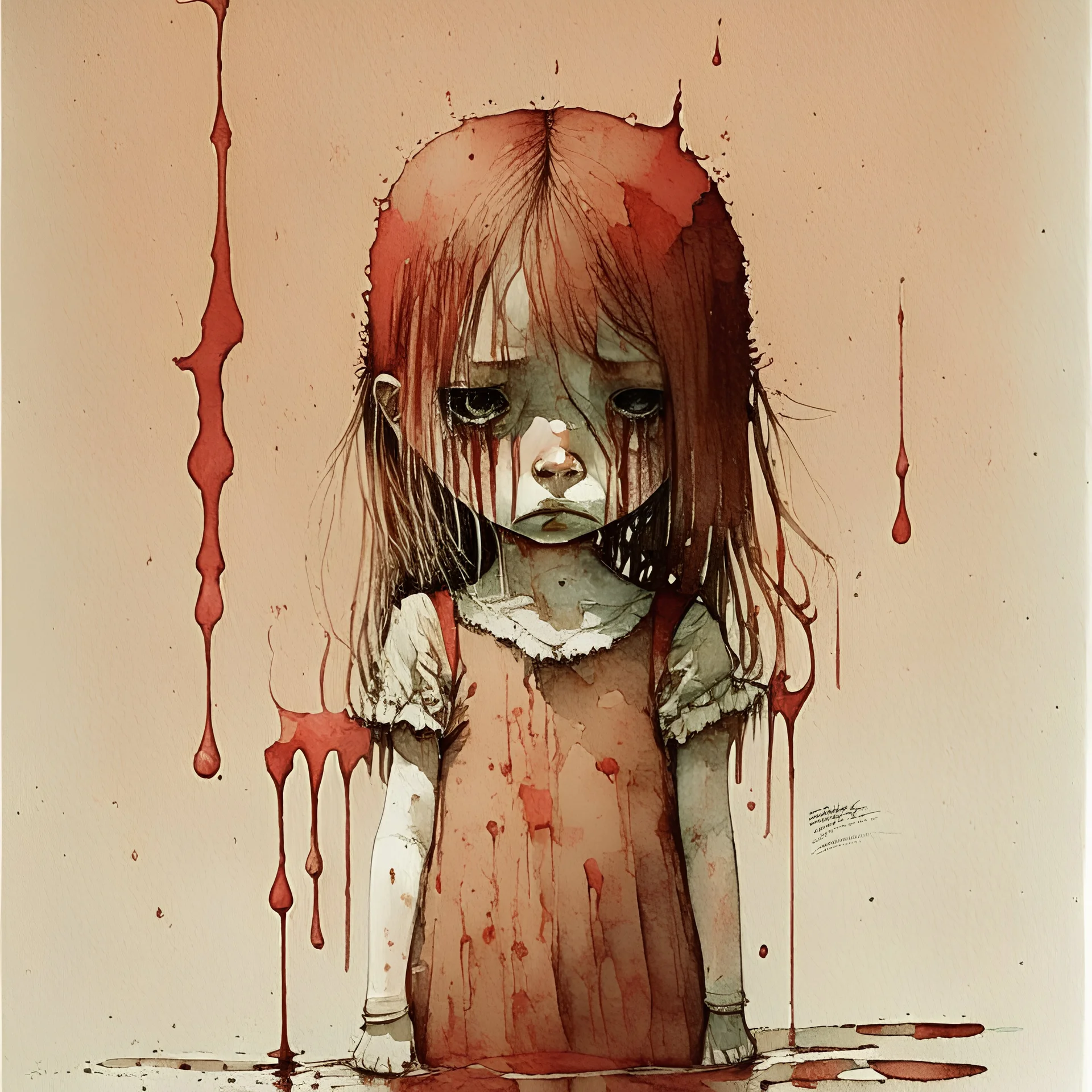 body anormal, cry blood, girl cute, watercolor illustration by <John Kenn Mortensen>, darkred tones,